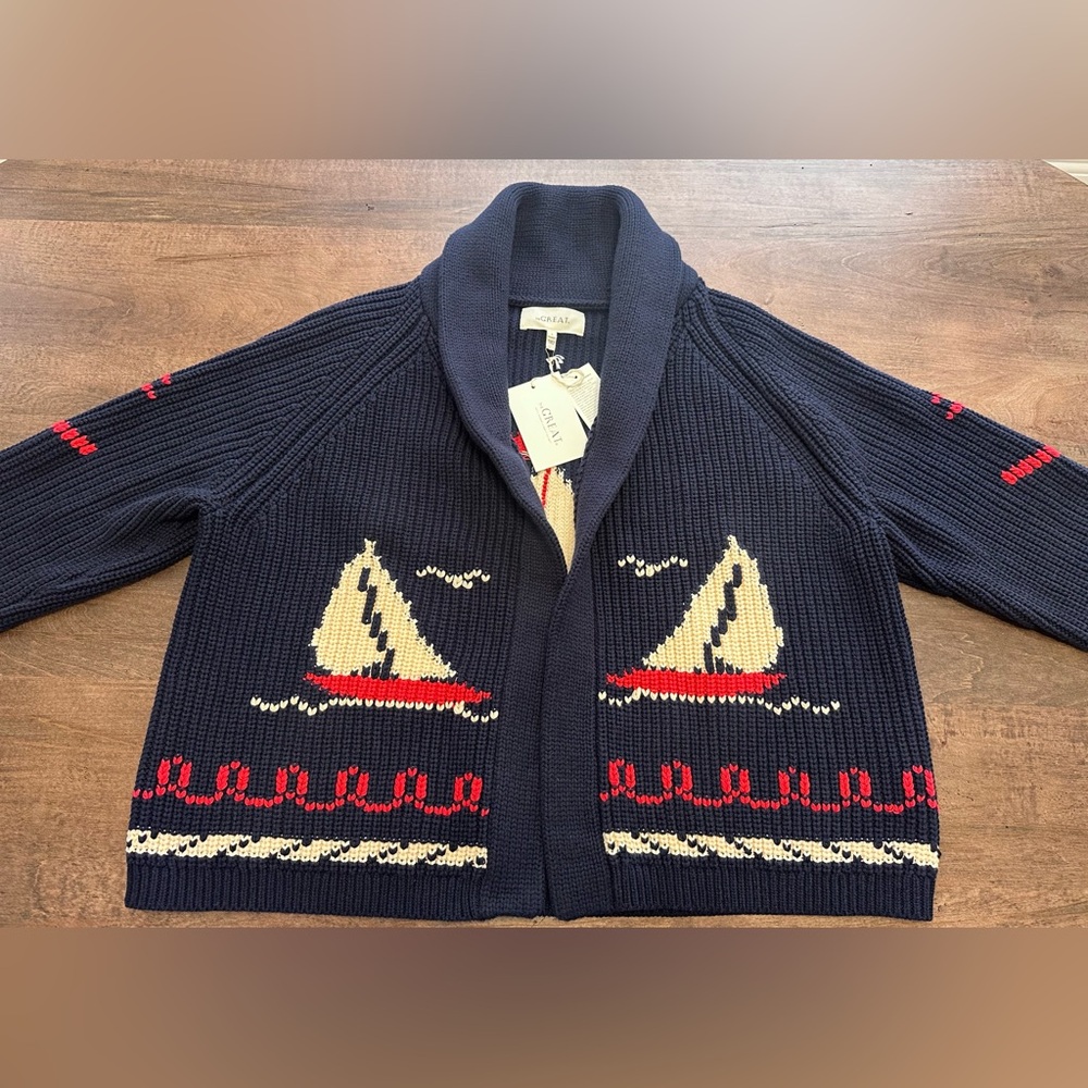 The Great Navy Sailboat Lodge Cardigan Size 3 = Large  Nautical Sweater - Picture 15 of 15